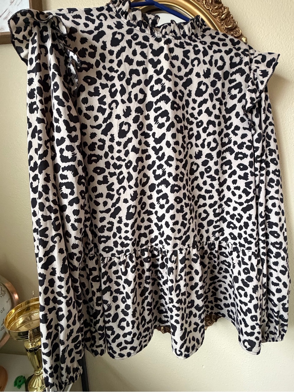 SHEIN Black and Cream Leopard Print Ruffle Peplum Blouse